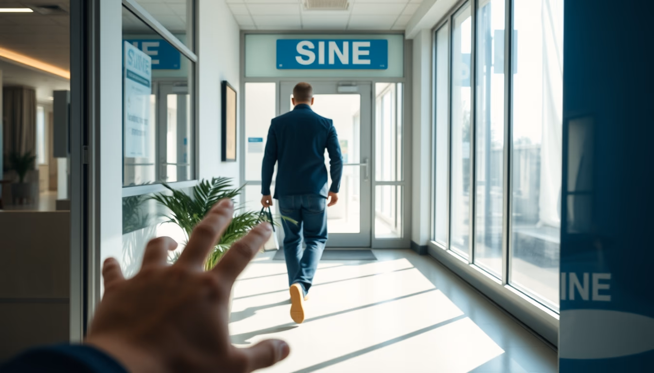Desempregado entrando em agência do SINE em estilo editorial