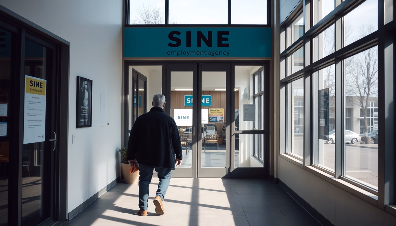Desempregado entrando em agência do SINE em estilo editorial