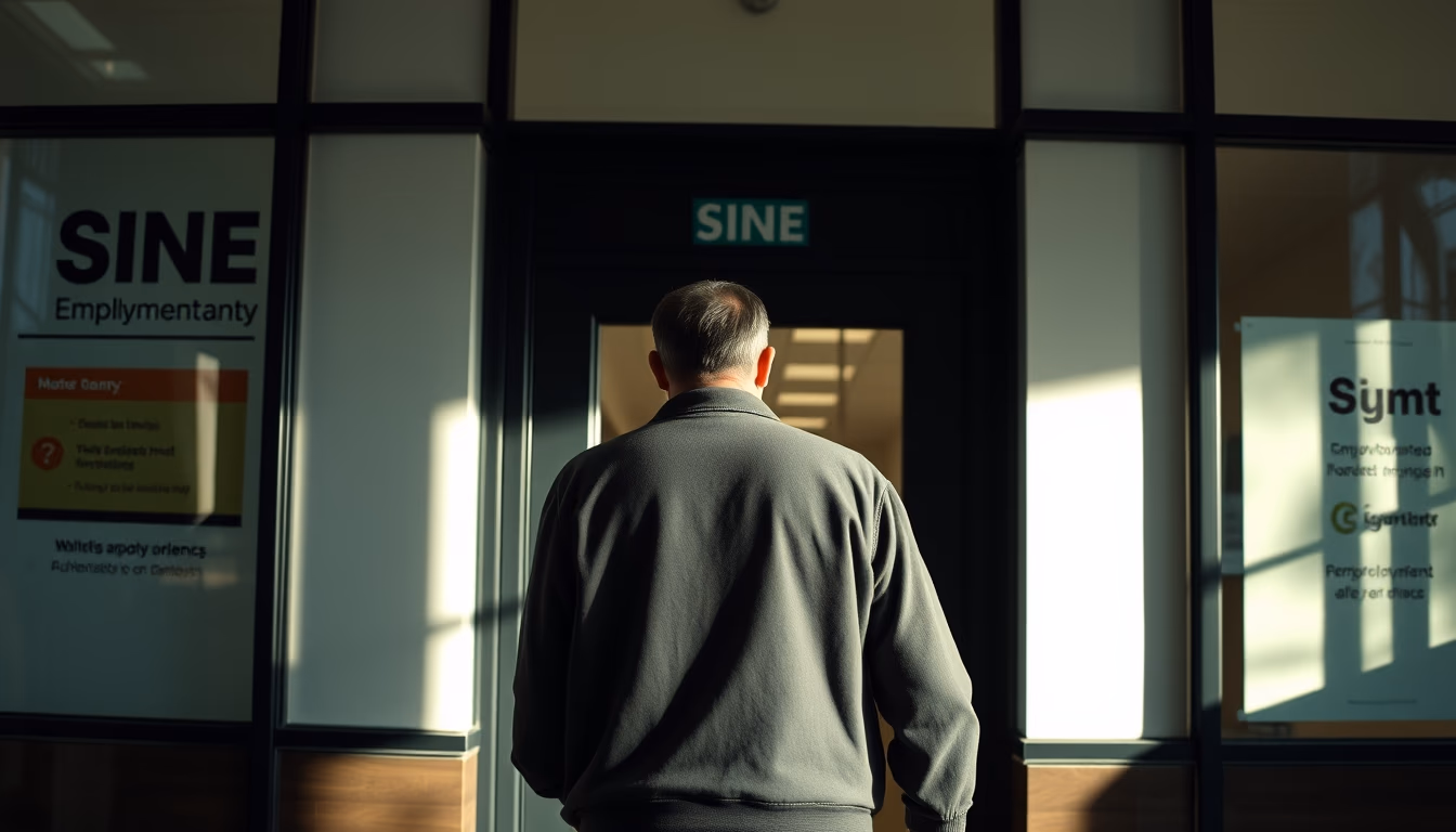Desempregado entrando em agência do SINE em estilo editorial
