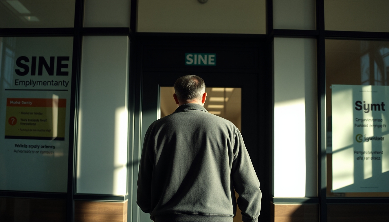 unemployed person walking into an unemployment office in editorial style