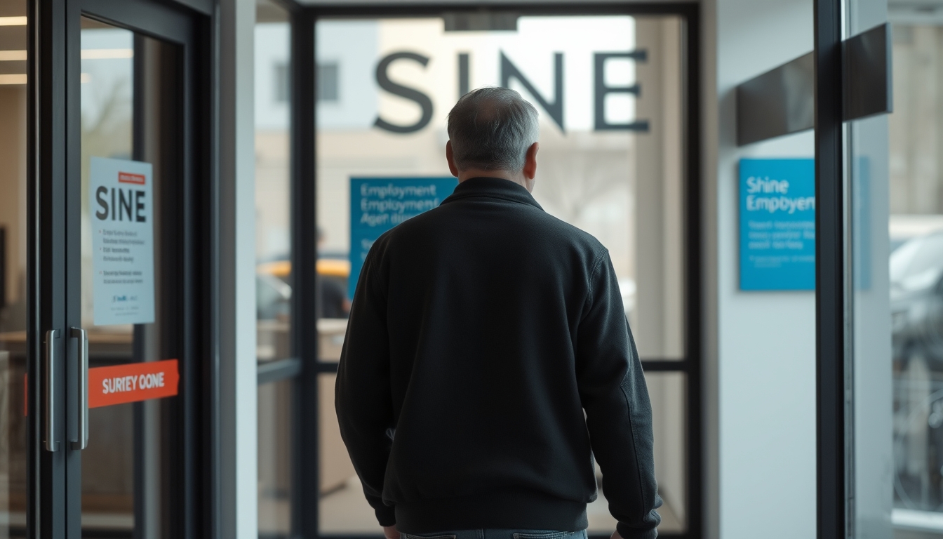 unemployed person walking into an unemployment office in editorial style