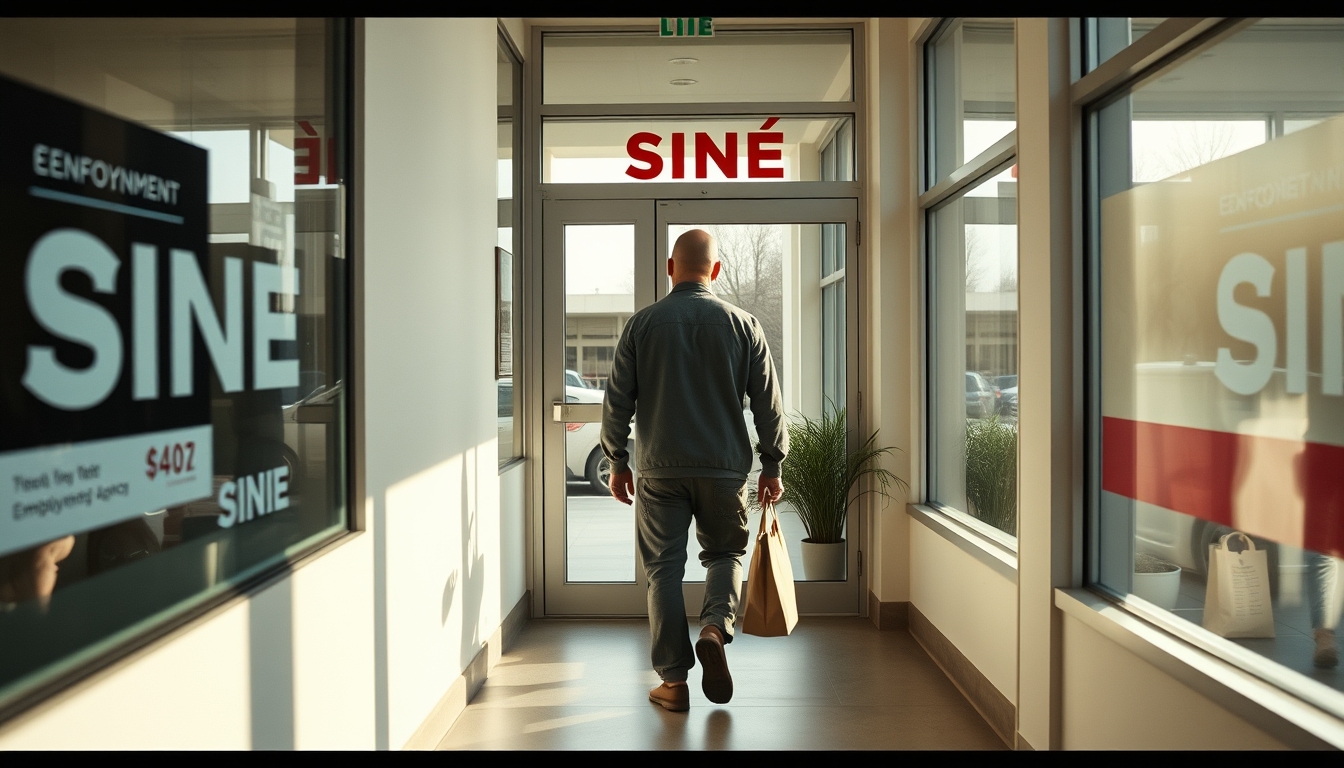 unemployed person walking into an unemployment office in editorial style