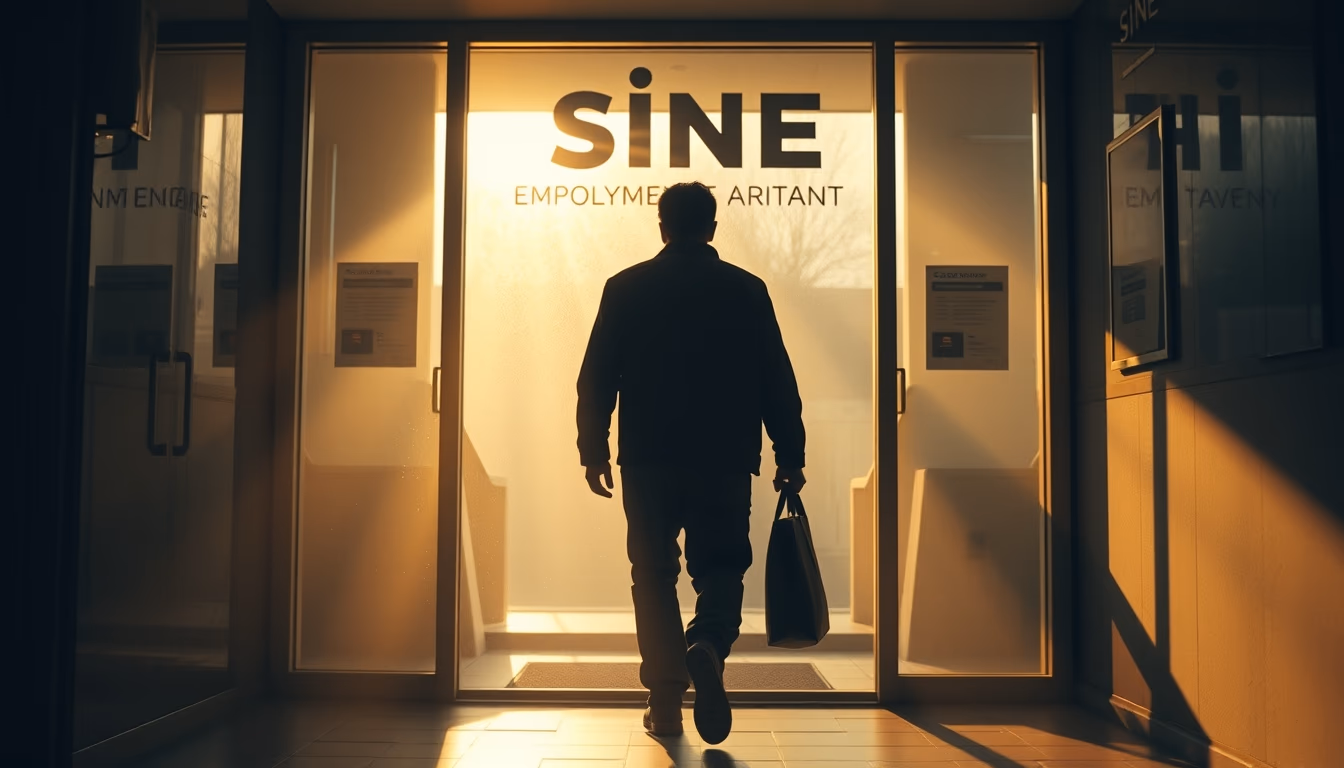 unemployed person walking into an unemployment office in editorial style