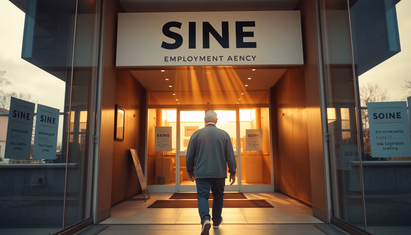 Desempregado entrando em agência do SINE em estilo editorial
