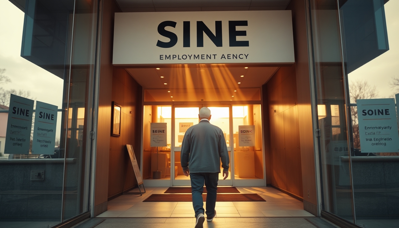 unemployed person walking into an unemployment office in editorial style