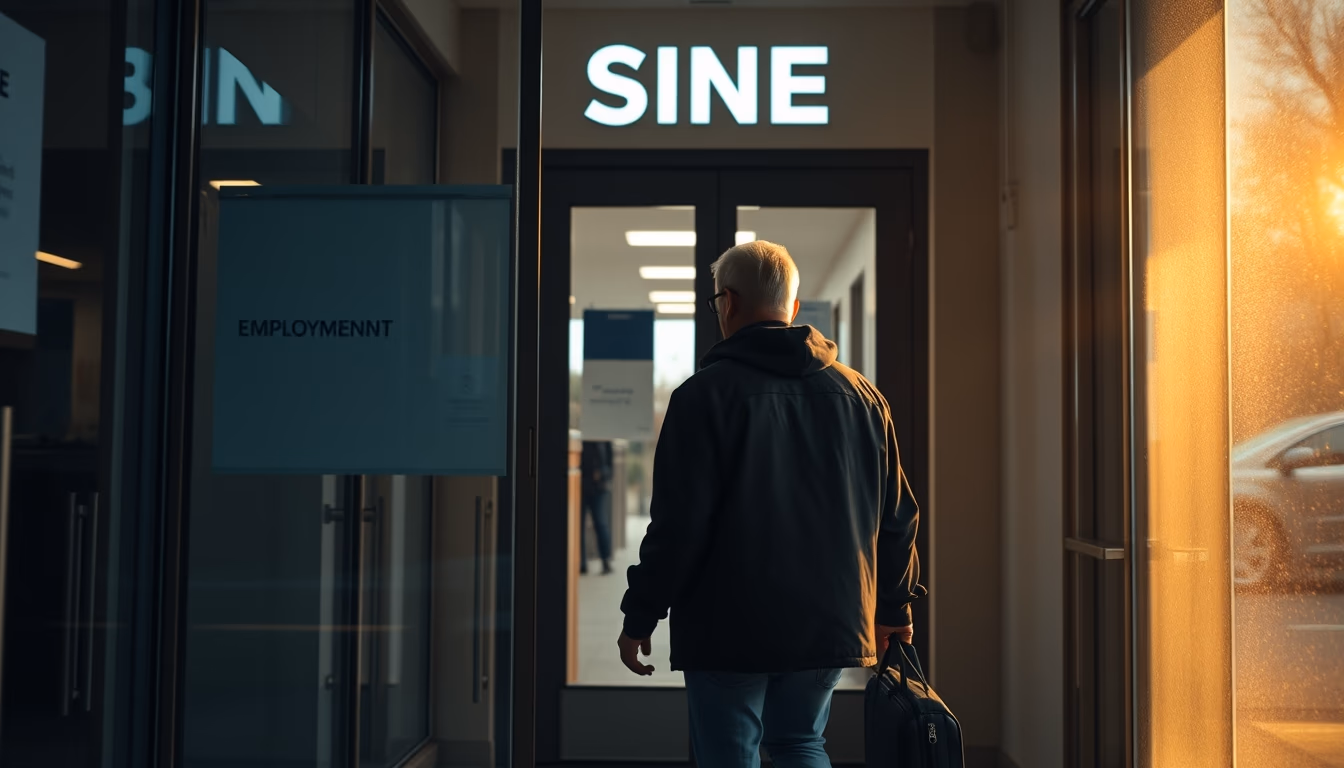 Desempregado entrando em agência do SINE em estilo editorial