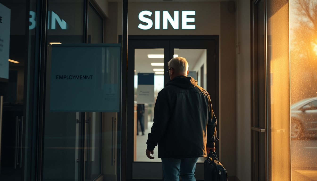 unemployed person walking into an unemployment office in editorial style