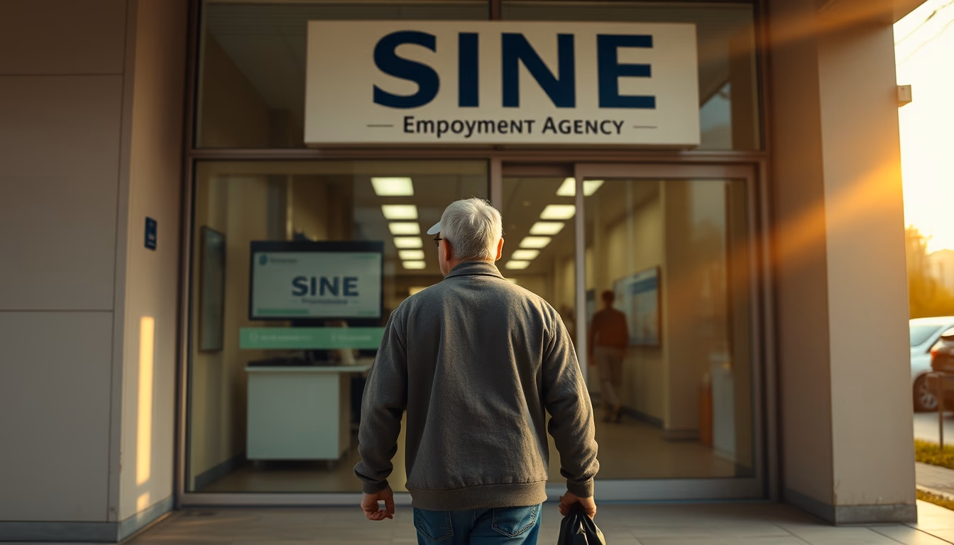 Desempregado entrando em agência do SINE em estilo editorial
