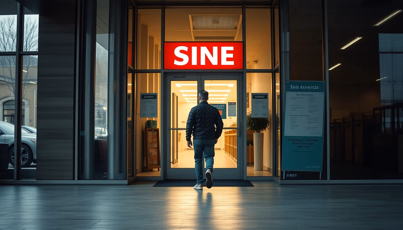 Desempregado entrando em agência do SINE em estilo editorial