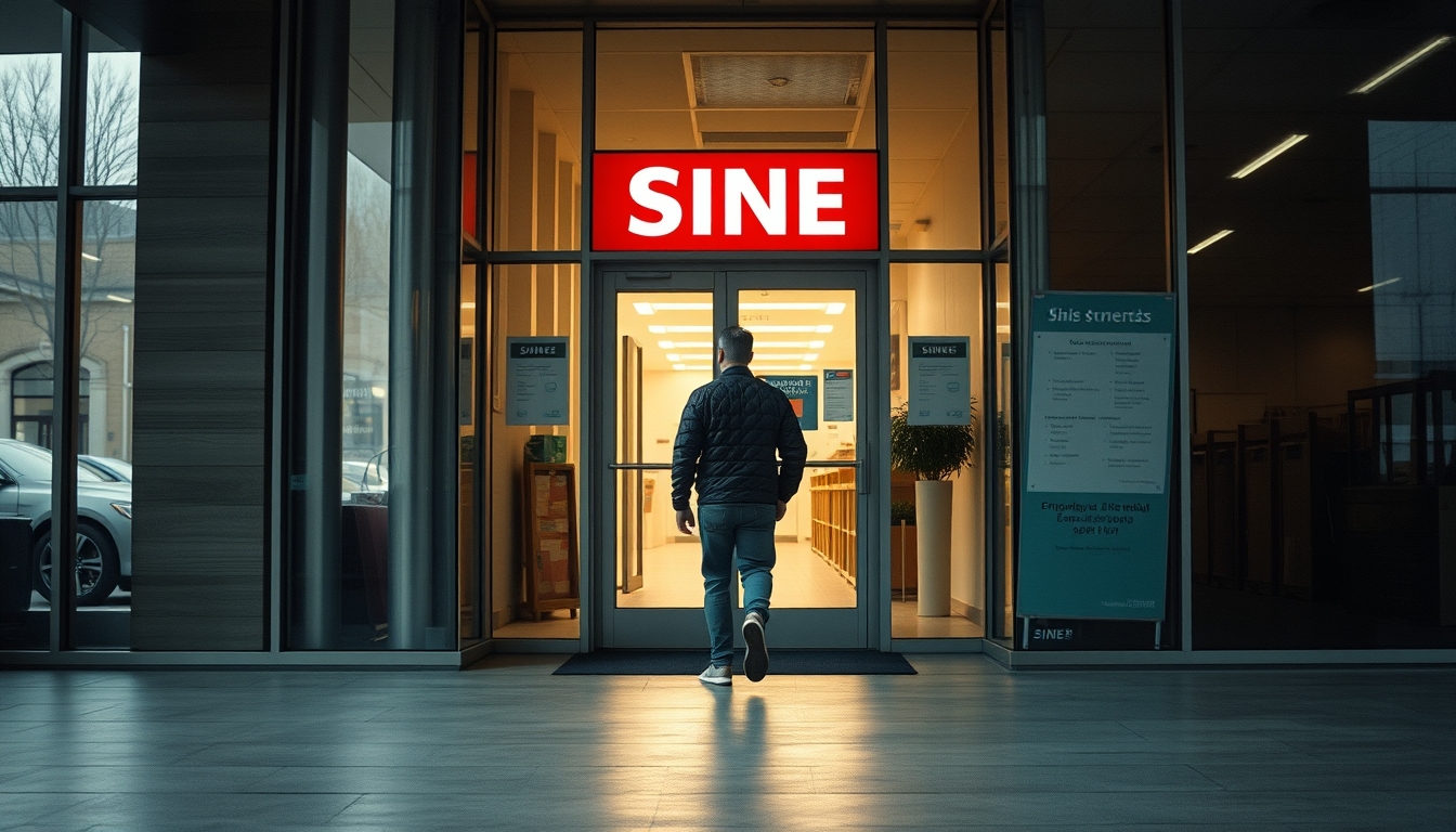 unemployed person walking into an unemployment office in editorial style