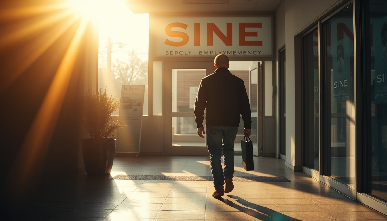 unemployed person walking into an unemployment office in editorial style