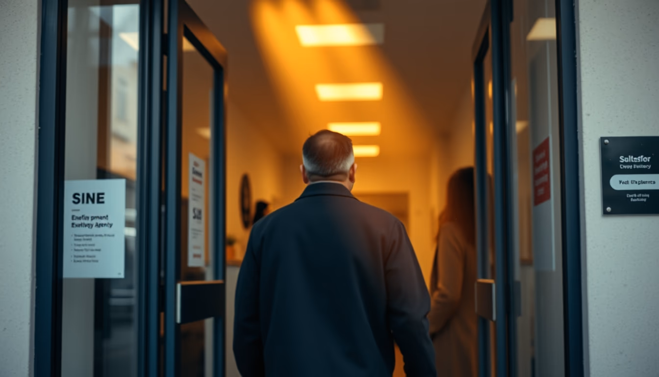 unemployed person walking into an unemployment office in editorial style