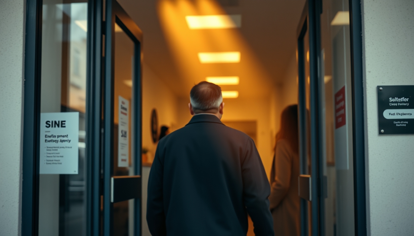 unemployed person walking into an unemployment office in editorial style