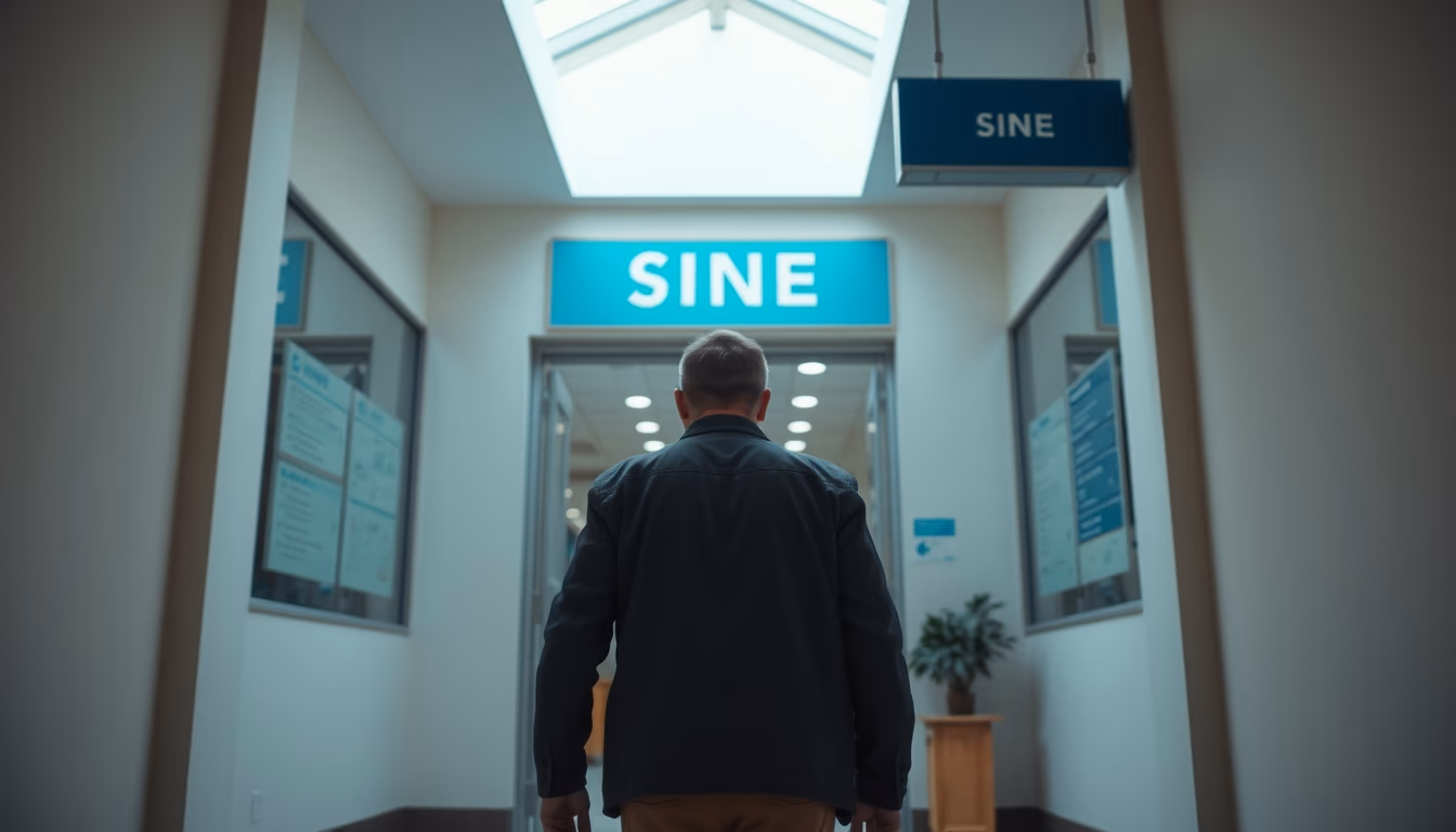 Desempregado entrando em agência do SINE em estilo editorial