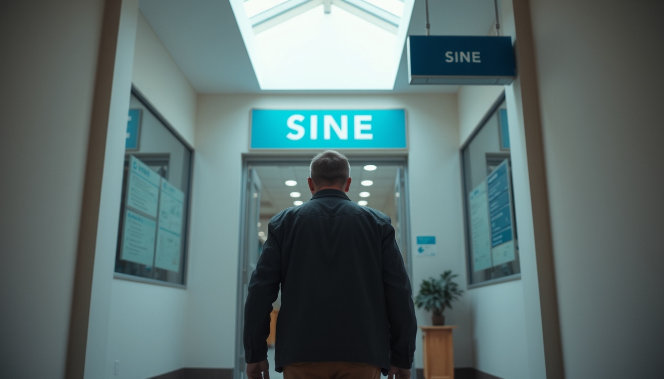 unemployed person walking into an unemployment office in editorial style