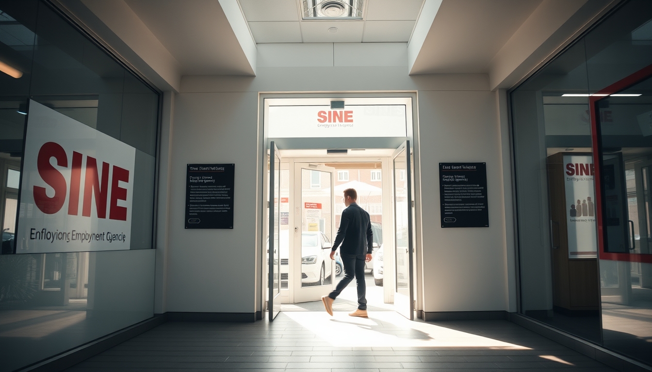 unemployed person walking into an unemployment office in editorial style