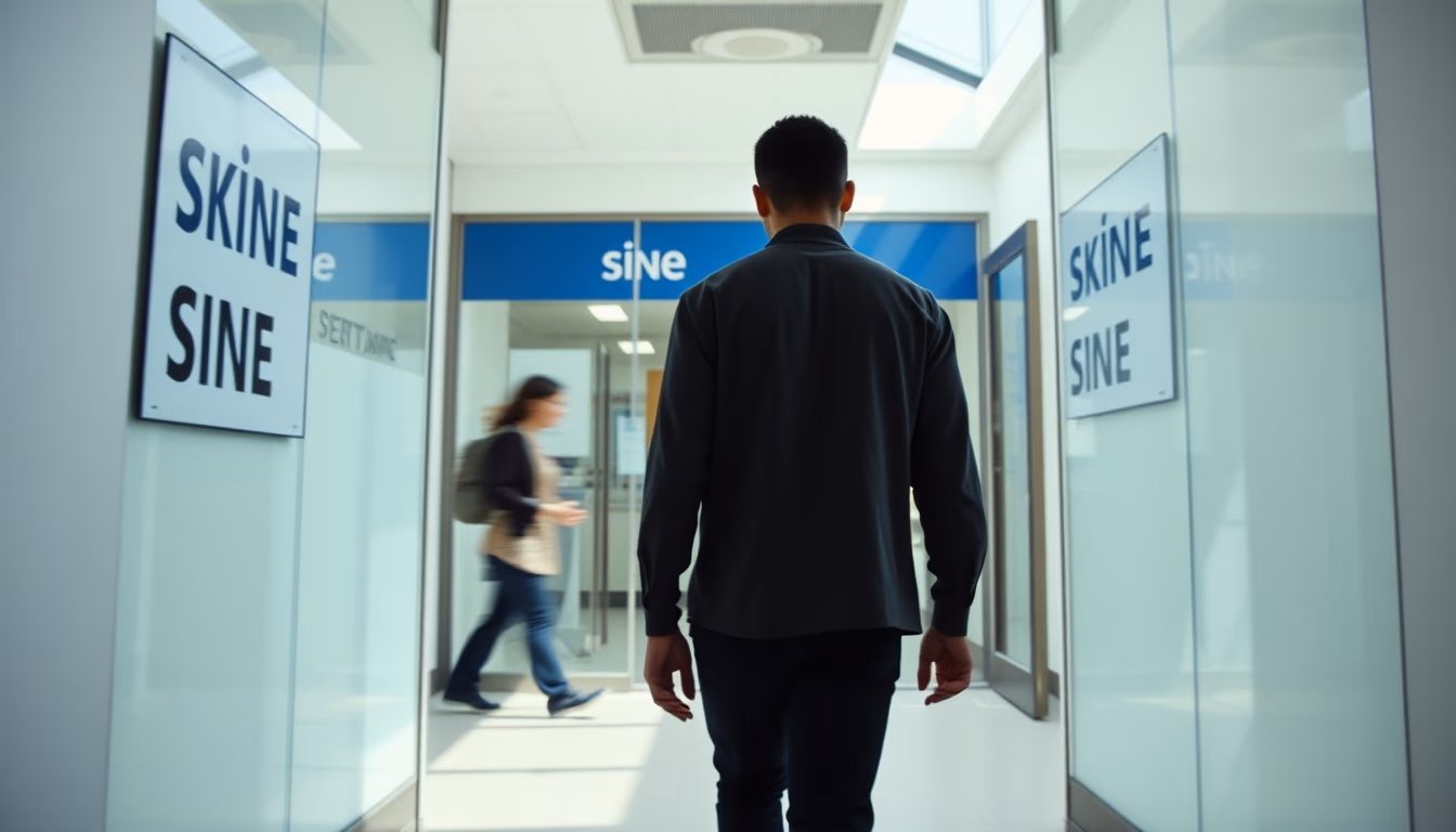 Desempregado entrando em agência do SINE em estilo editorial