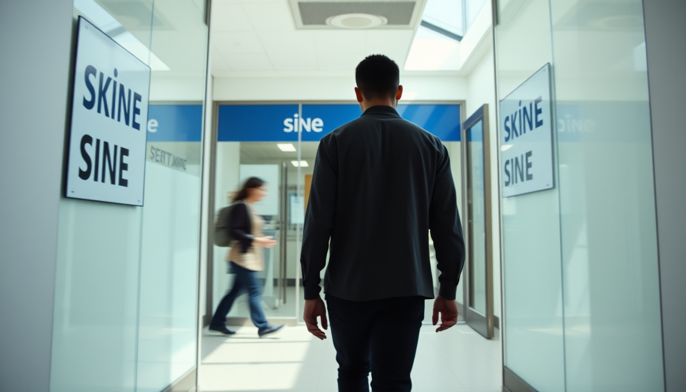 unemployed person walking into an unemployment office in editorial style