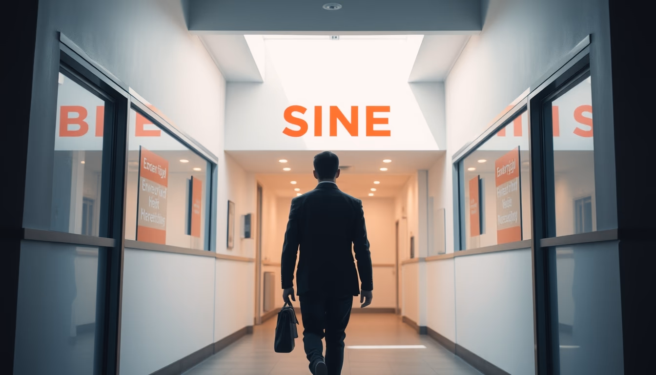 unemployed person walking into an unemployment office in editorial style