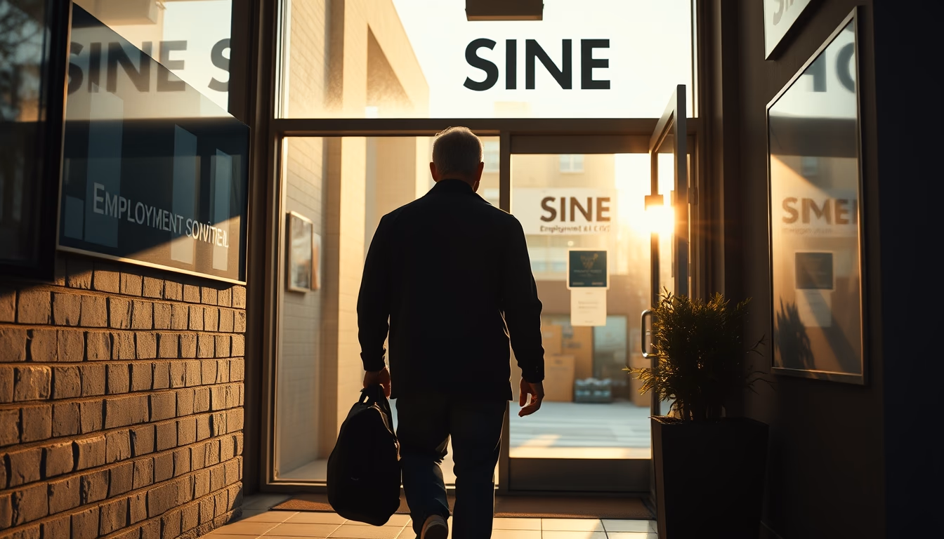 Desempregado entrando em agência do SINE em estilo editorial