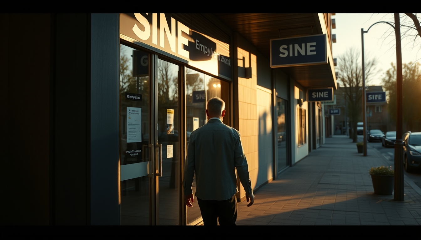 unemployed person walking into an unemployment office in editorial style