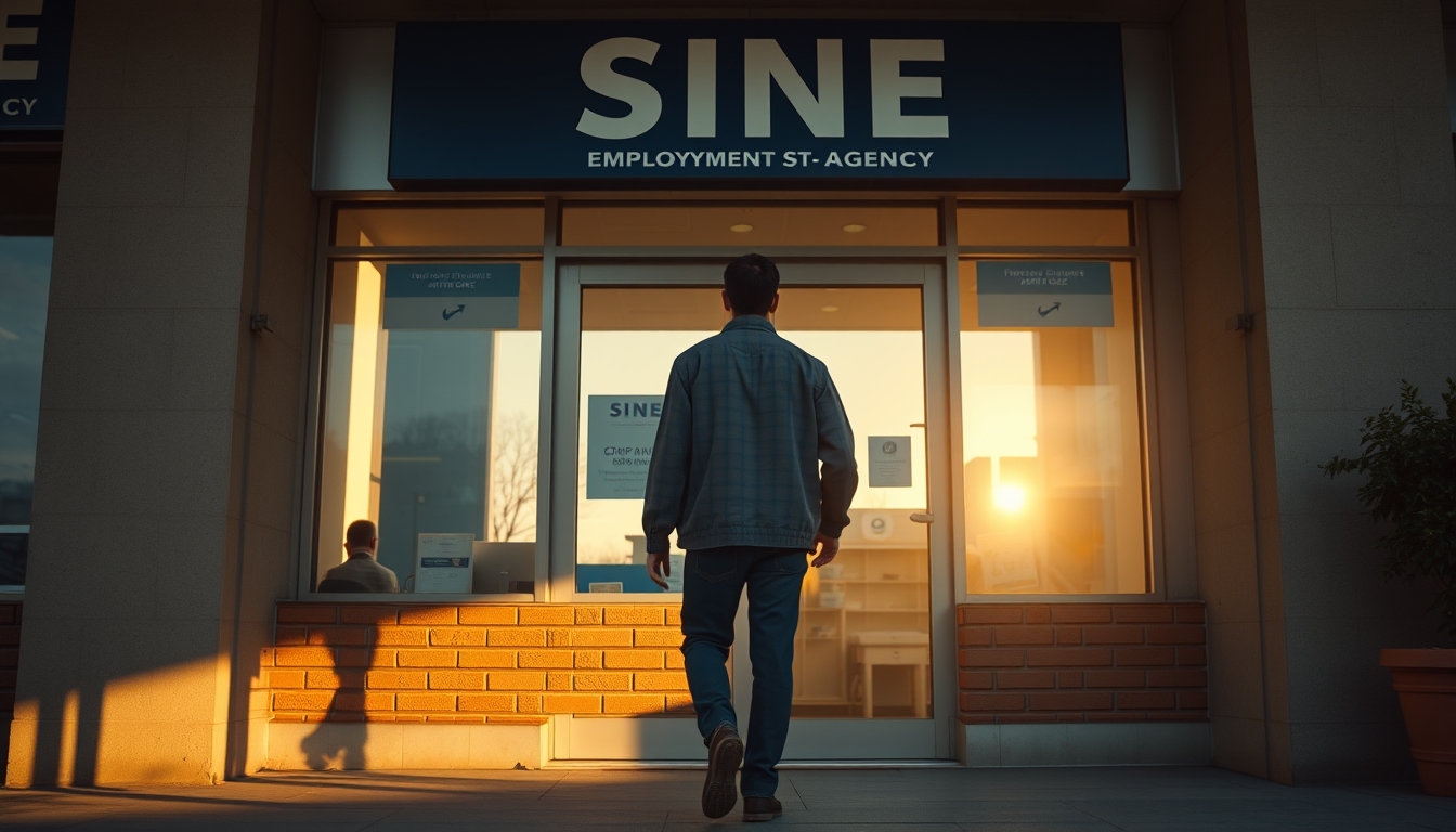 unemployed person walking into an unemployment office in editorial style