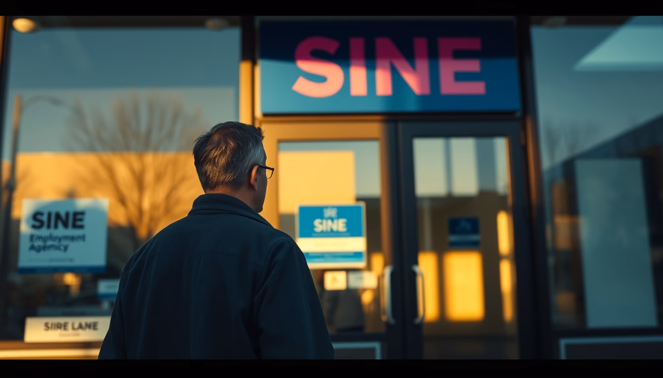 unemployed person walking into an unemployment office in editorial style