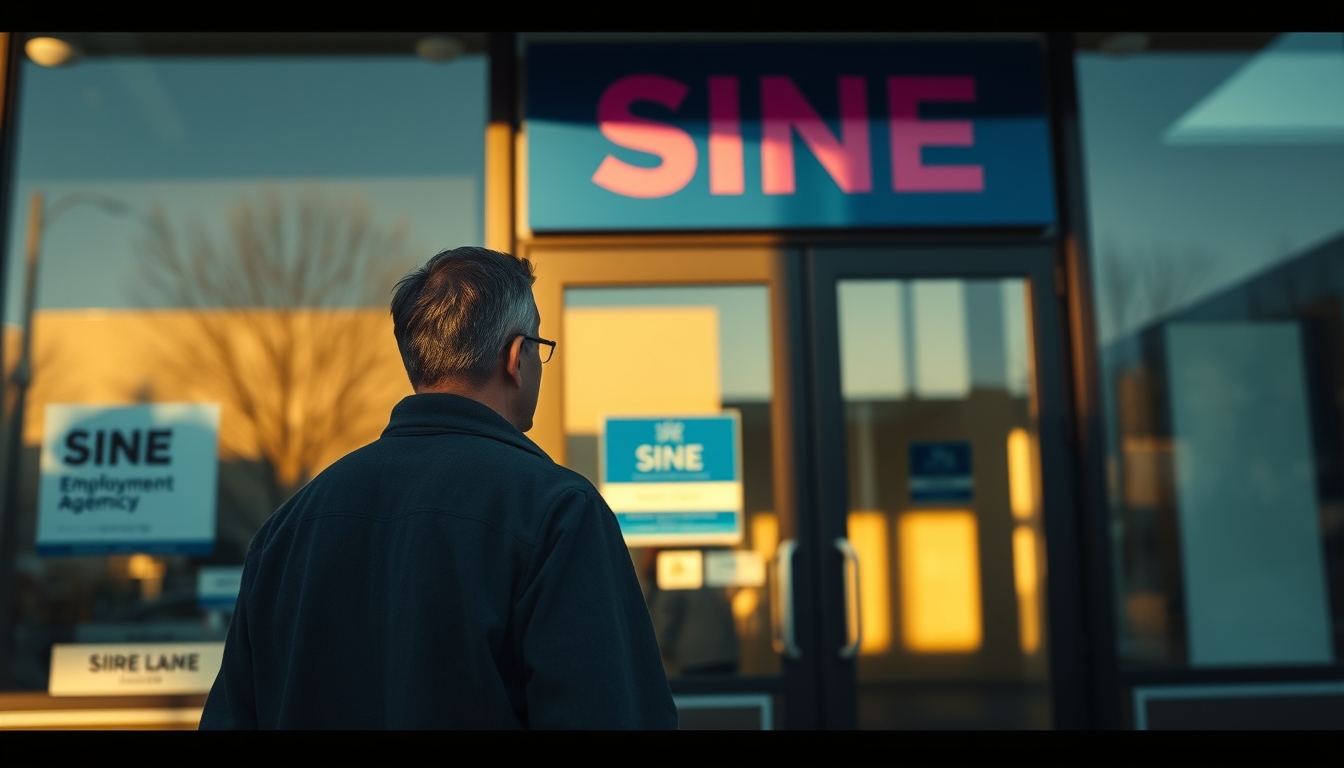 unemployed person walking into an unemployment office in editorial style