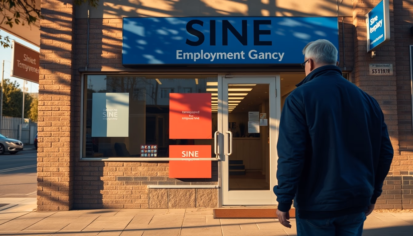 unemployed person walking into an unemployment office in editorial style