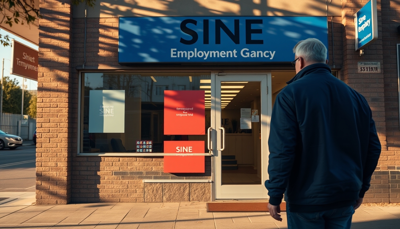 unemployed person walking into an unemployment office in editorial style