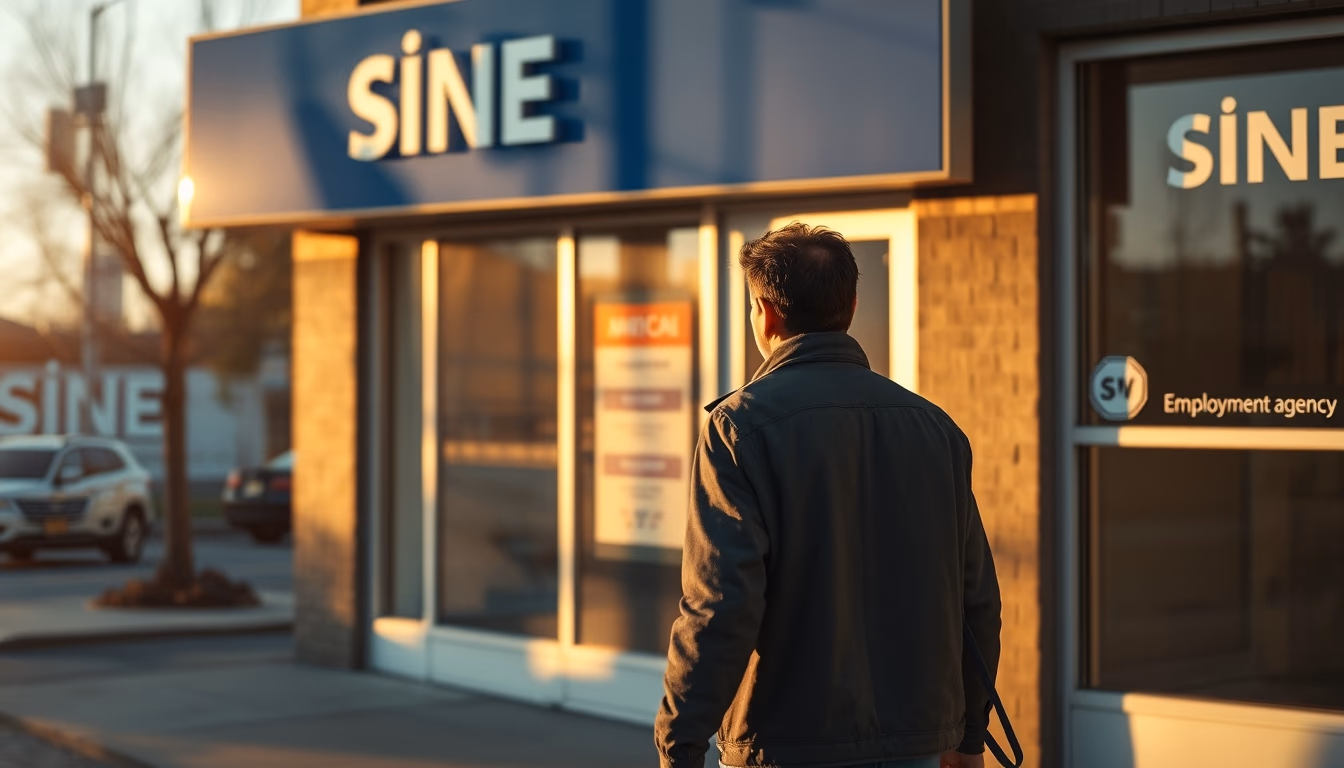 unemployed person walking into an unemployment office in editorial style