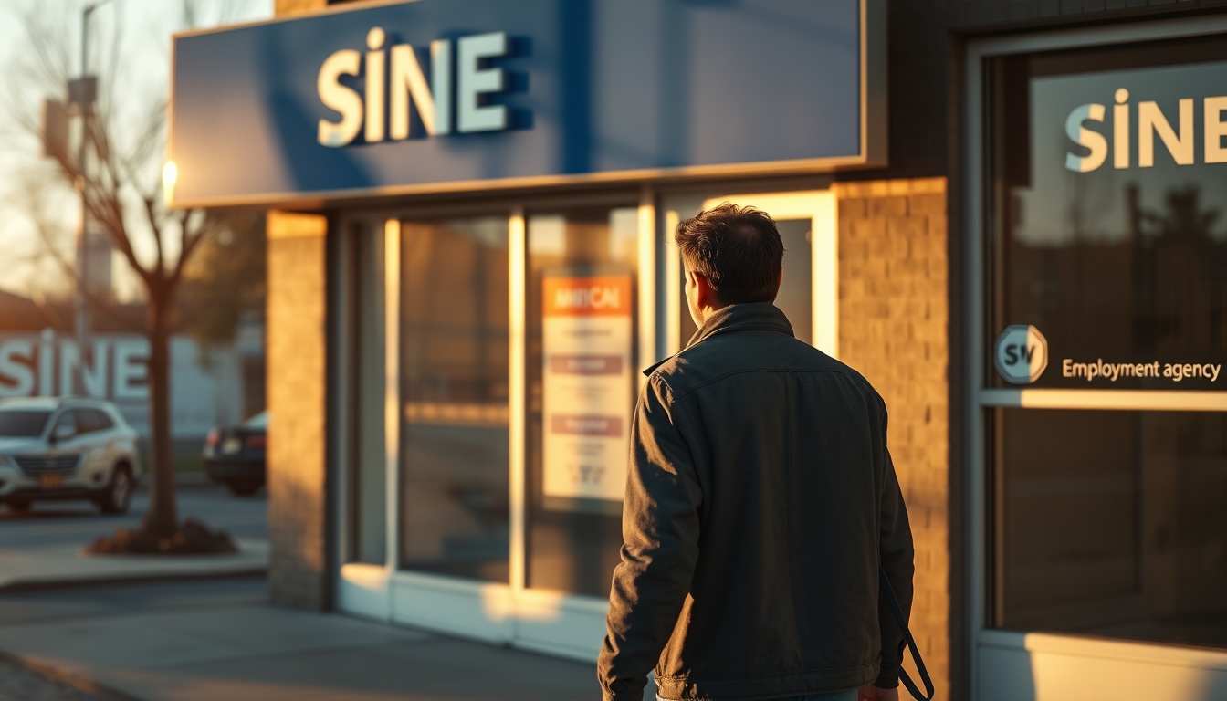 unemployed person walking into an unemployment office in editorial style