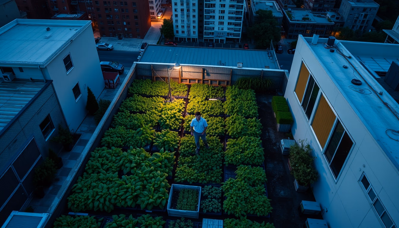 urban farm rooftop in editorial style