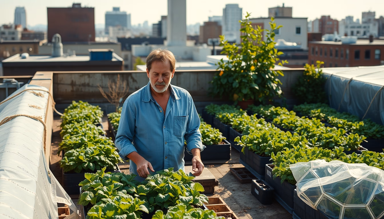 urban farm rooftop in editorial style