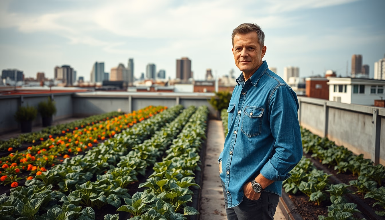 urban farm rooftop in editorial style