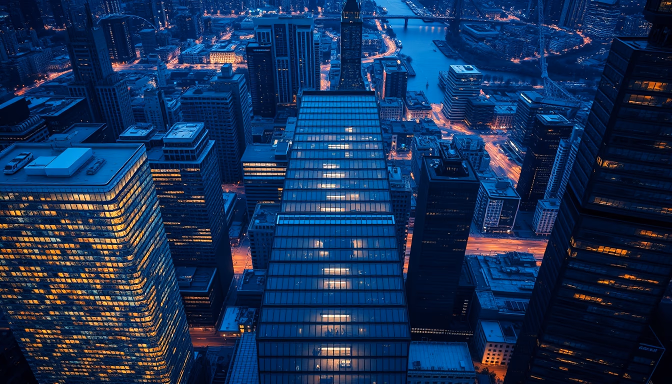 urban skyscraper glass facade in editorial style
