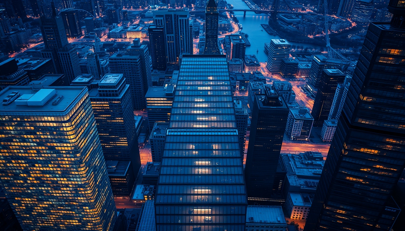 urban skyscraper glass facade in editorial style