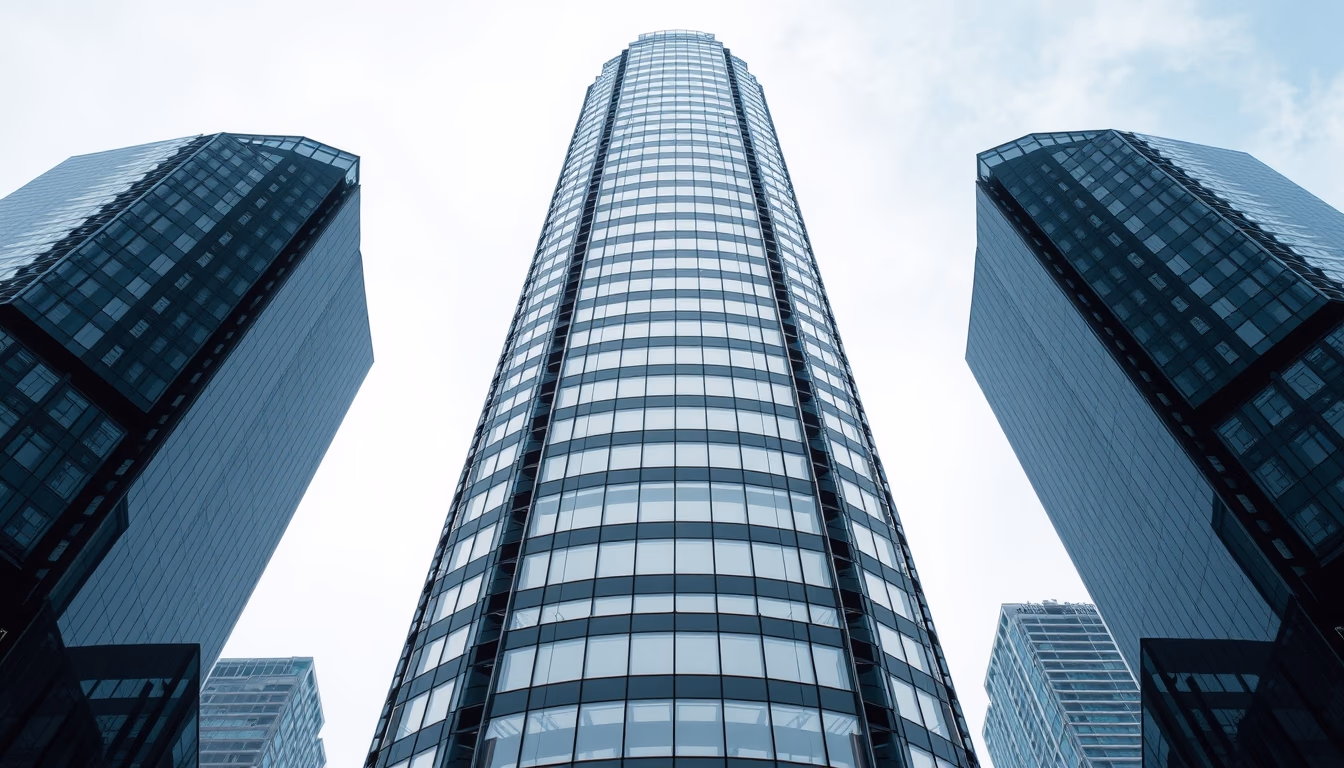 urban skyscraper glass facade in editorial style