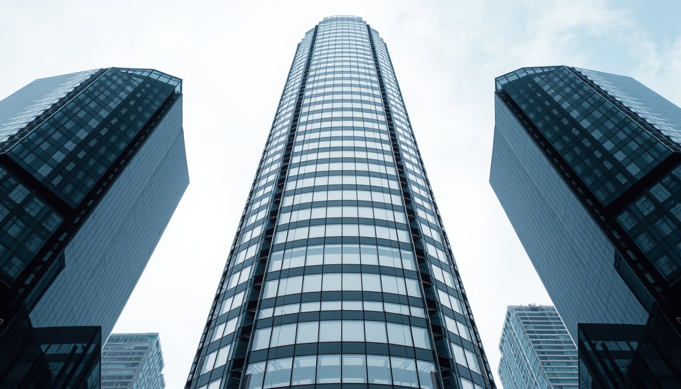 urban skyscraper glass facade in editorial style