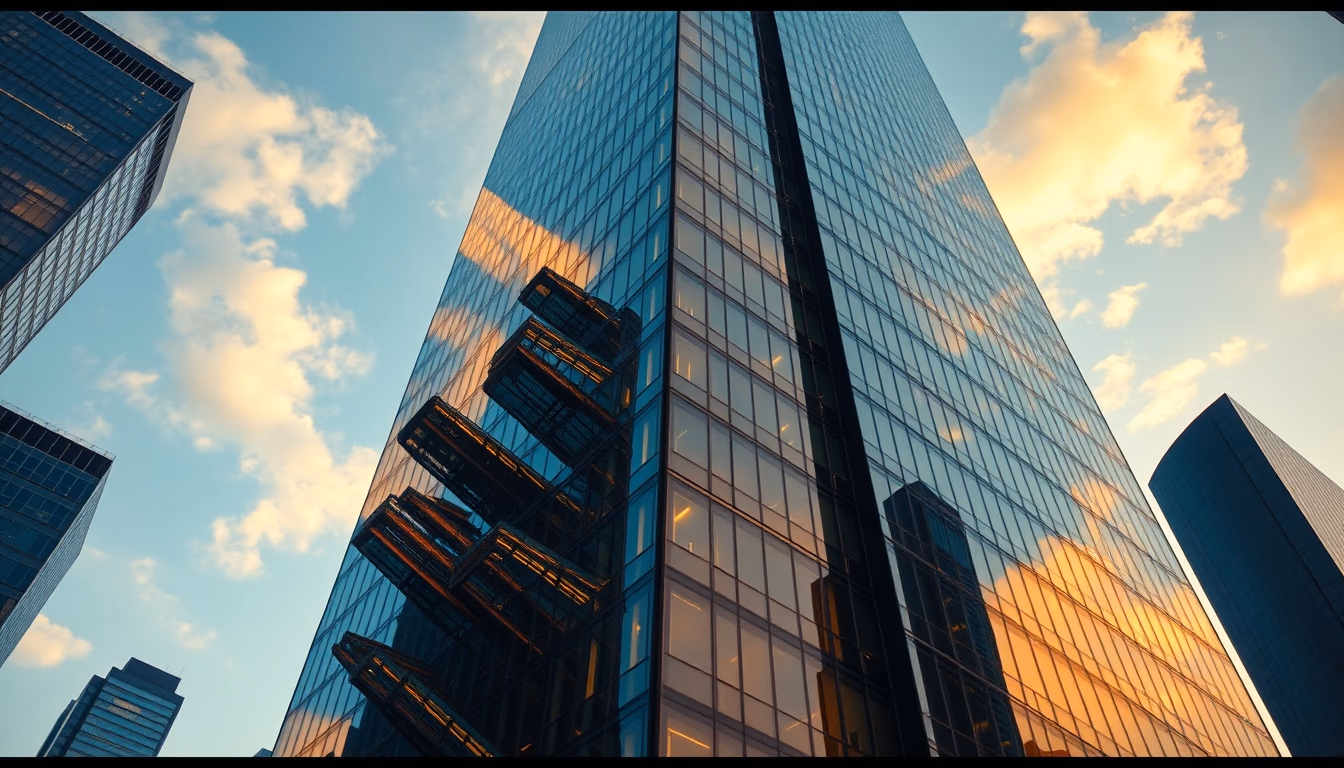 urban skyscraper glass facade in editorial style