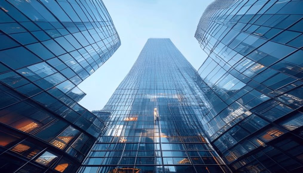 urban skyscraper glass facade in editorial style