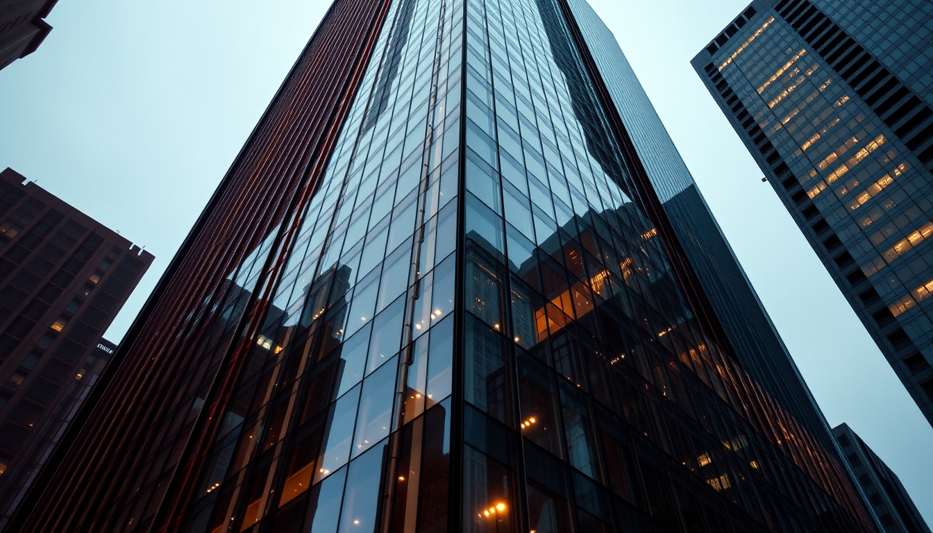 urban skyscraper glass facade in editorial style