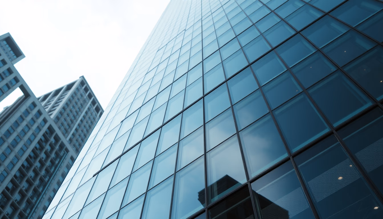 urban skyscraper glass facade in editorial style