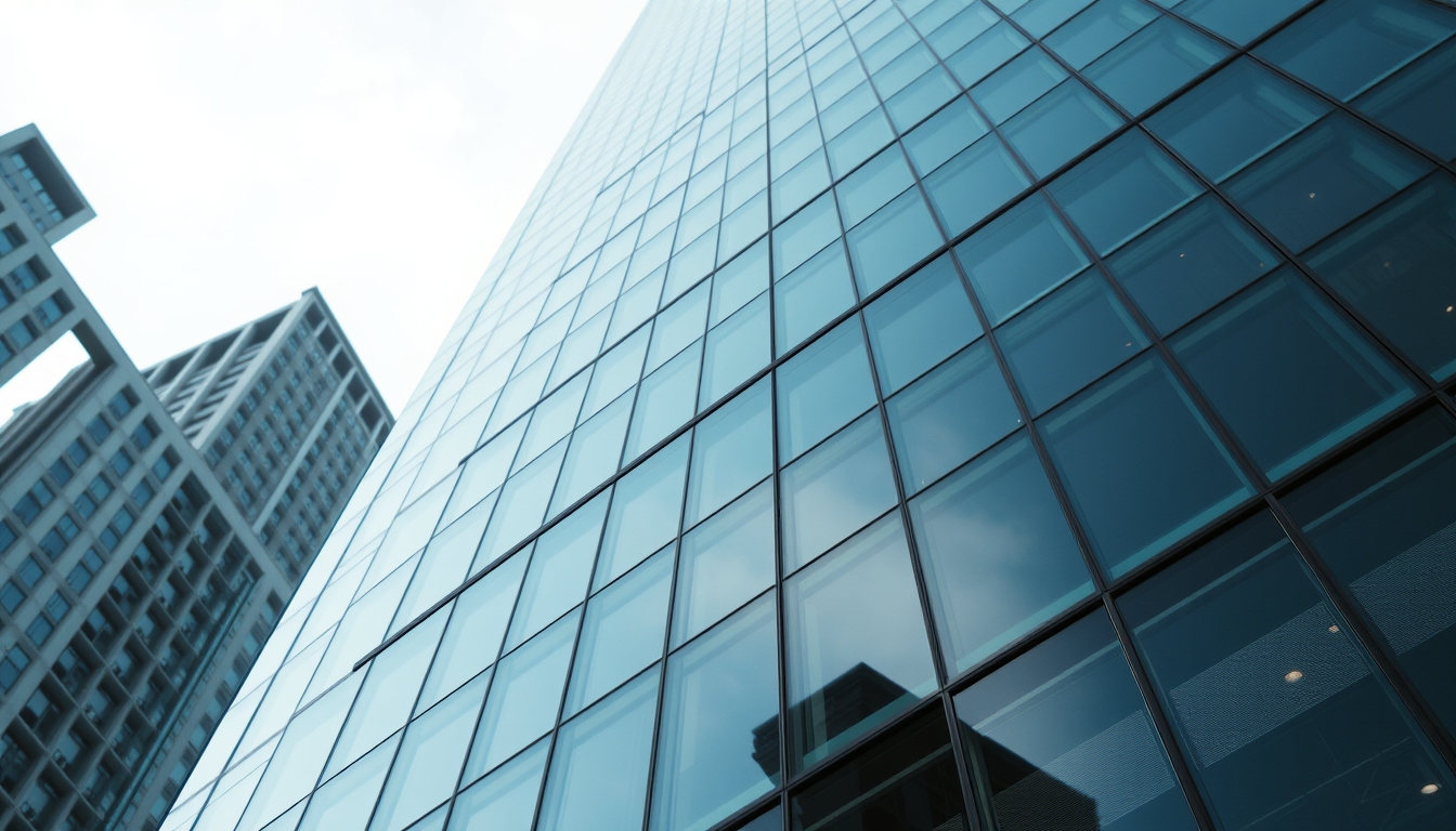 urban skyscraper glass facade in editorial style