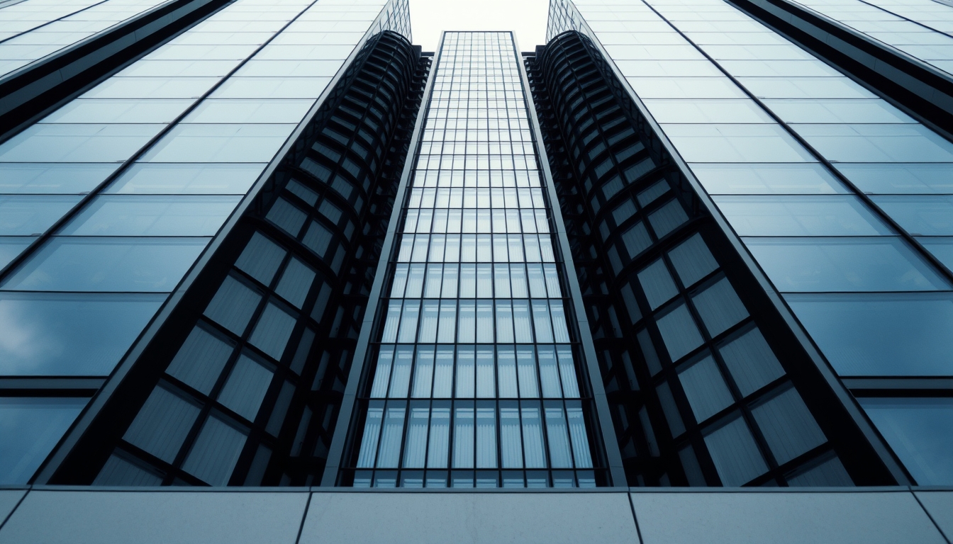 urban skyscraper glass facade in editorial style