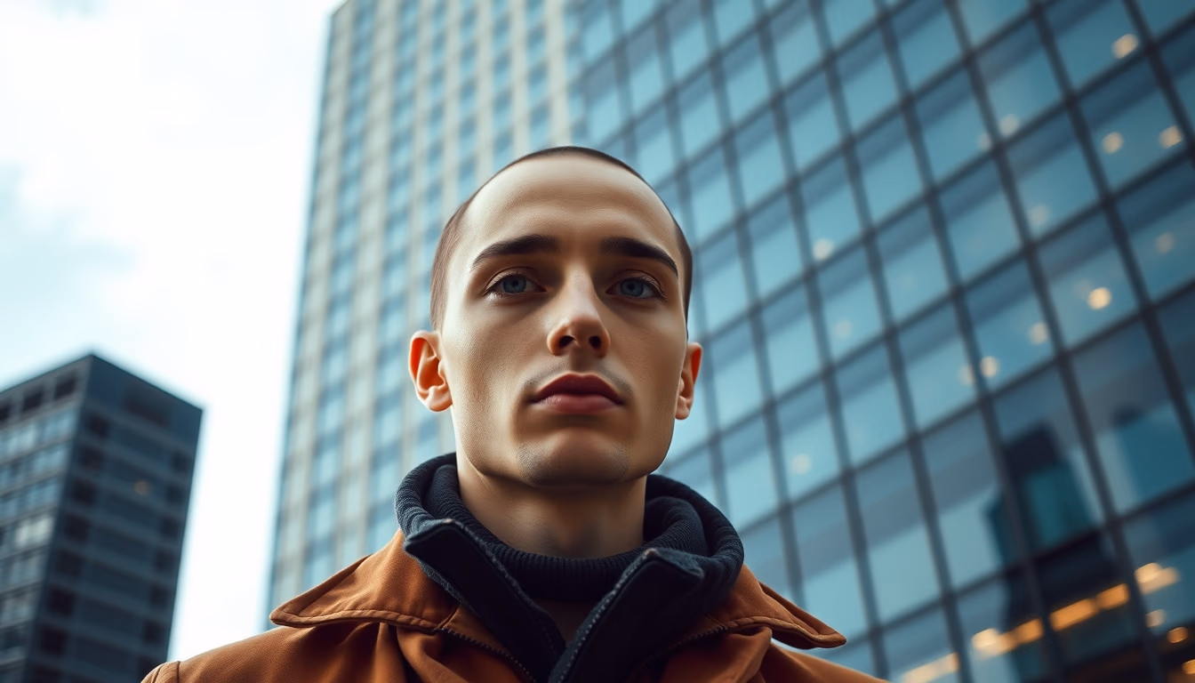 urban skyscraper glass facade in editorial style