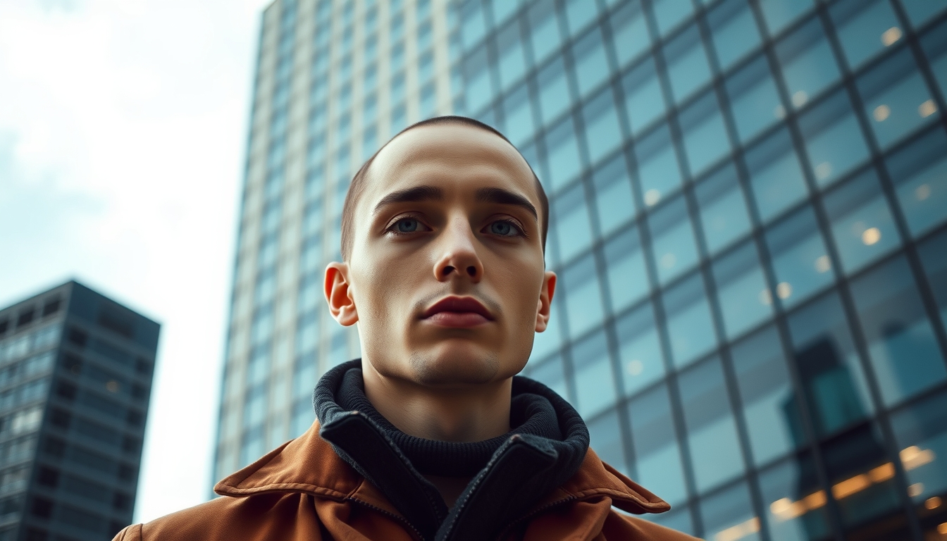 urban skyscraper glass facade in editorial style