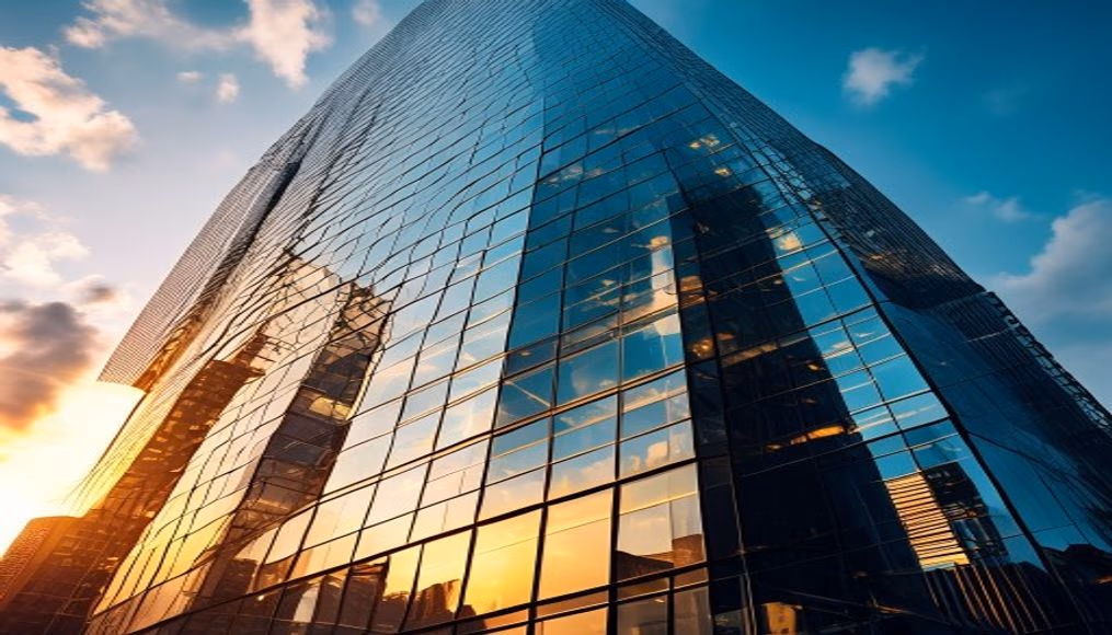 Urban skyscraper glass facade em estilo editorial