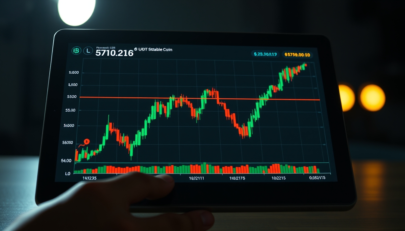Gráfico da stablecoin usdt em tablet mostrando linha de preço estável em estilo editorial