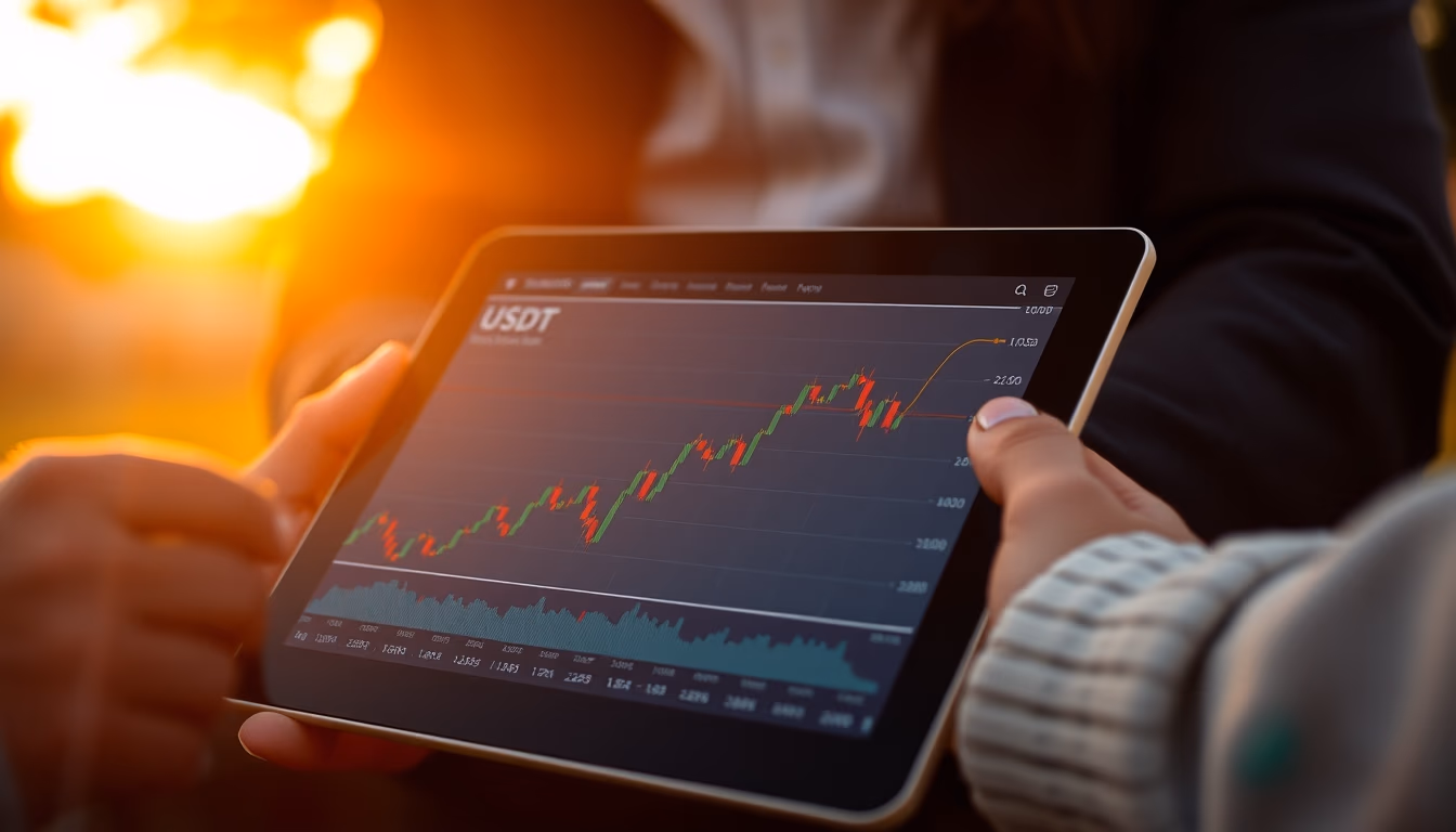 Gráfico da stablecoin usdt em tablet mostrando linha de preço estável em estilo editorial